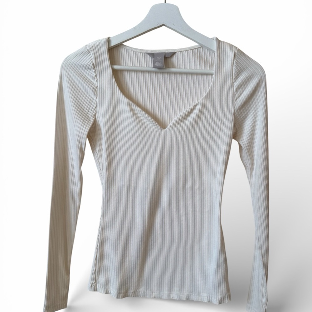 Ribbed V-Neck Long Sleeve Top - Cream